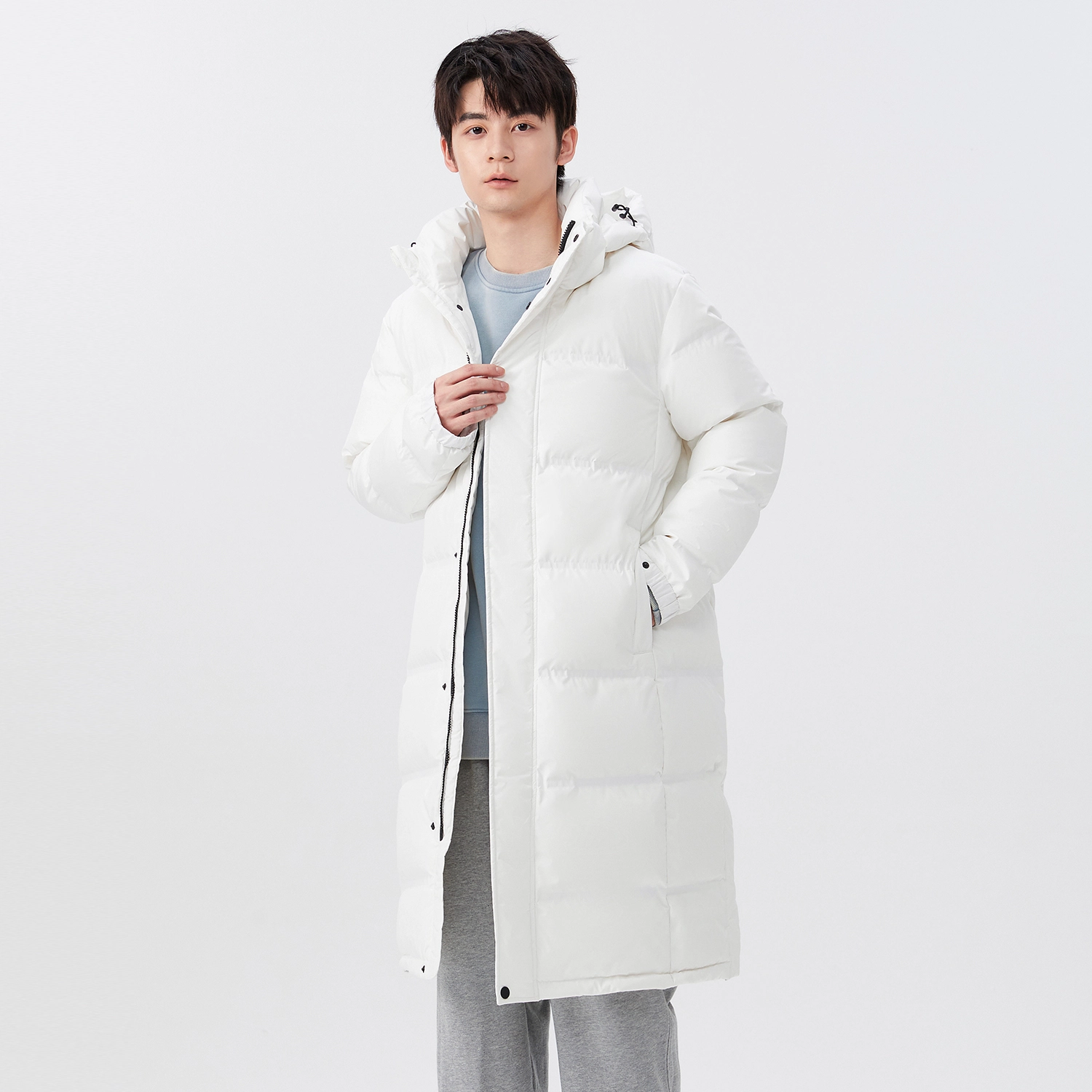 鸭鸭 纯色中长款连帽拉链保暖休闲羽绒服 男女同款