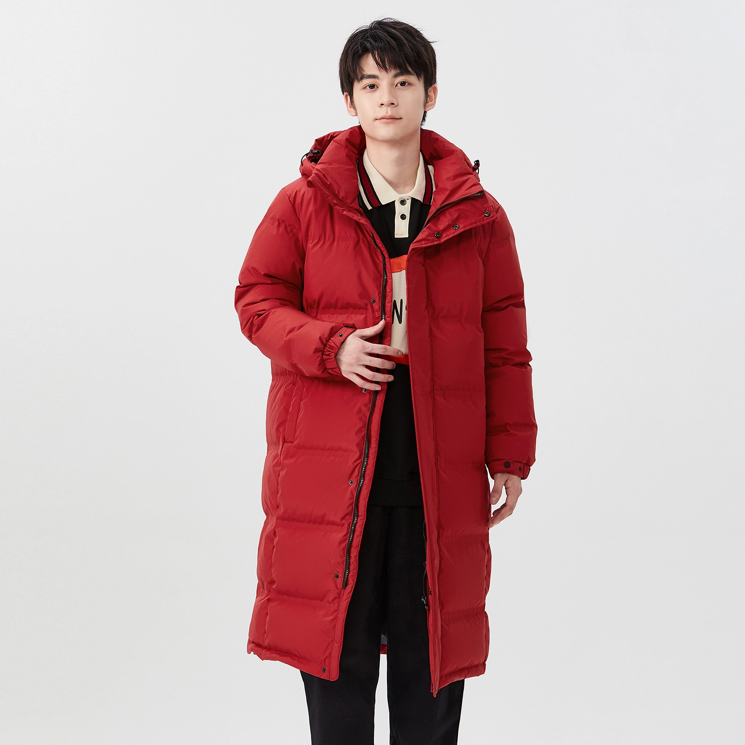 鸭鸭 纯色中长款连帽拉链保暖休闲羽绒服 男女同款