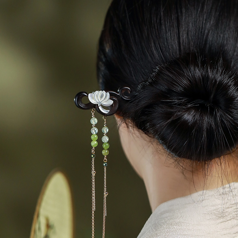 凤凰涅磐 檀木发簪女石榴石扇子木簪木质流苏旗袍古风簪子 黑檀木 女款 礼物