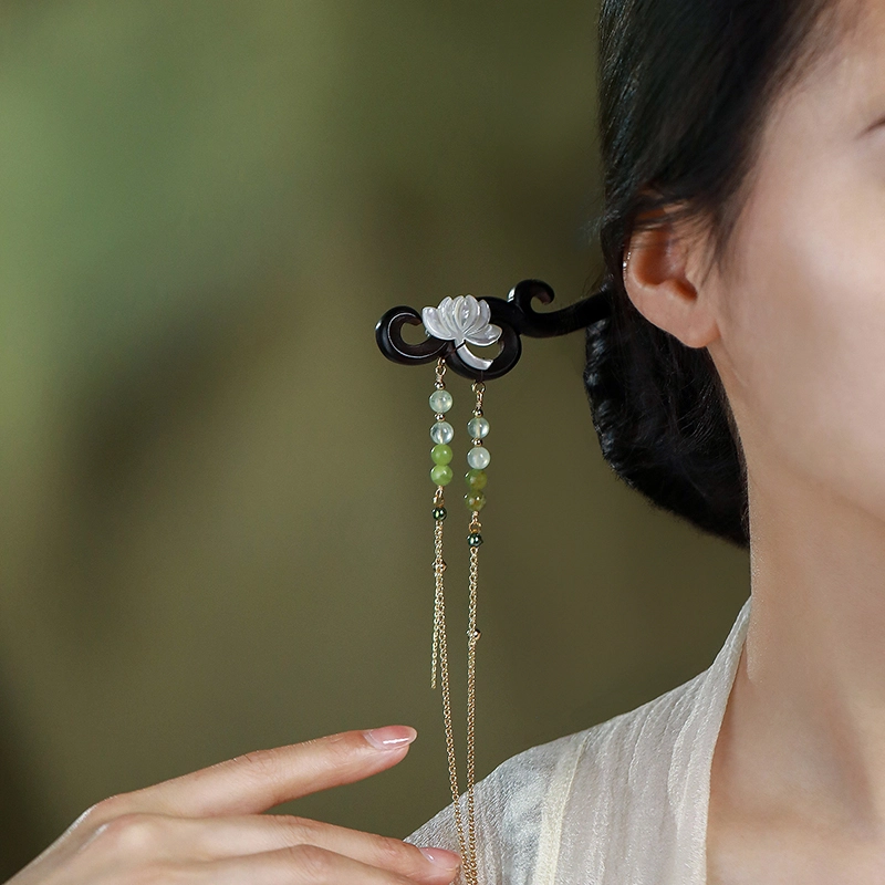 凤凰涅磐 檀木发簪女石榴石扇子木簪木质流苏旗袍古风簪子 黑檀木 女款 礼物