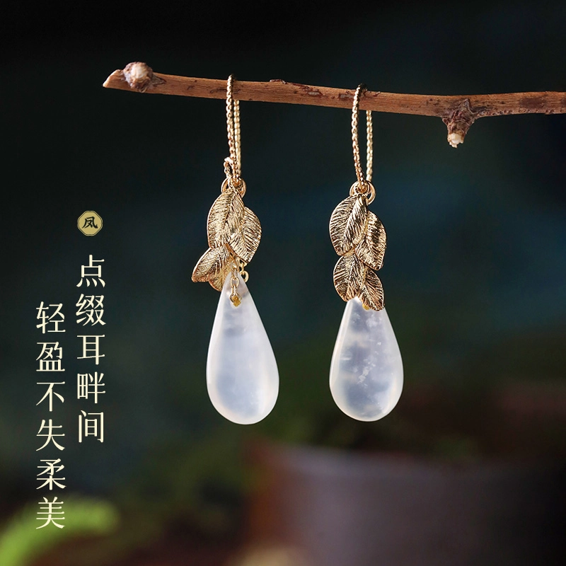 凤凰涅磐 新中式 白水滴  古风气质吊坠耳饰 岫玉（蛇纹石玉） 玉石耳环 女款
