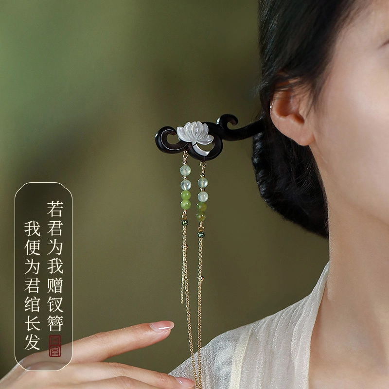 凤凰涅磐 檀木发簪女石榴石扇子木簪木质流苏旗袍古风簪子 黑檀木 女款 礼物