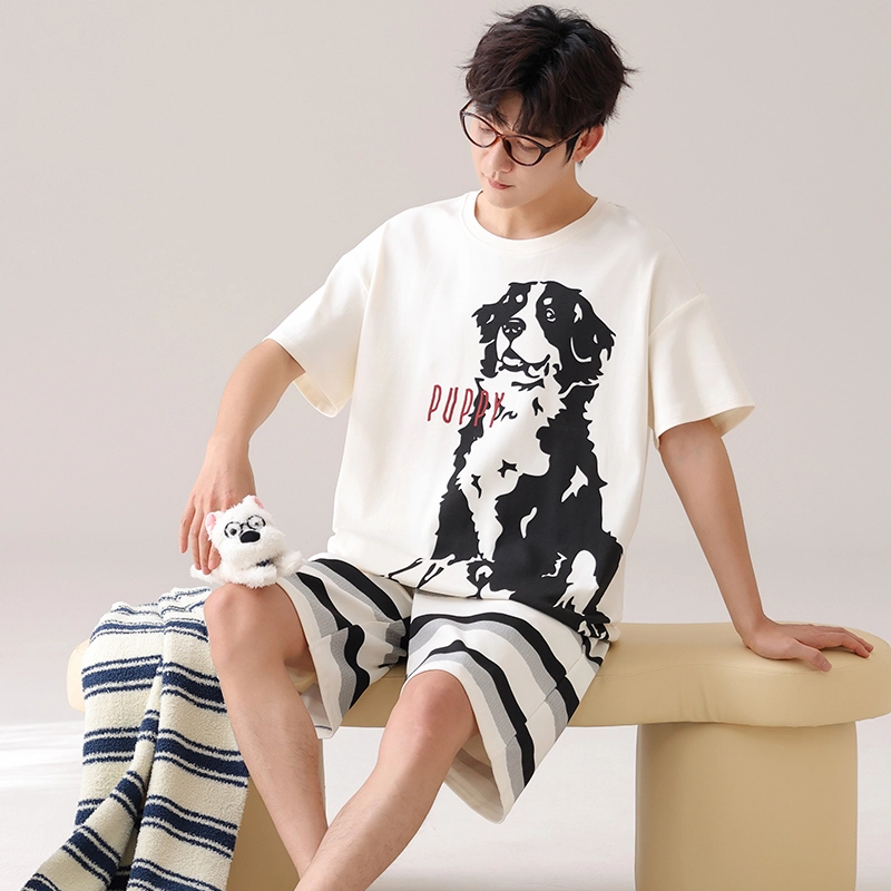 俏霓桐 时尚高级感简约可爱卡通条纹舒适家居服可外穿夏季睡衣套装 男款 图色
