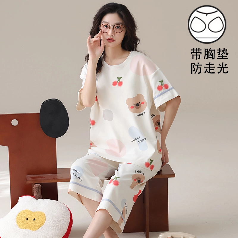 俏霓桐 甜美可爱卡通休闲舒适带胸垫七分裤家居服可外穿睡衣套装 女款 图色