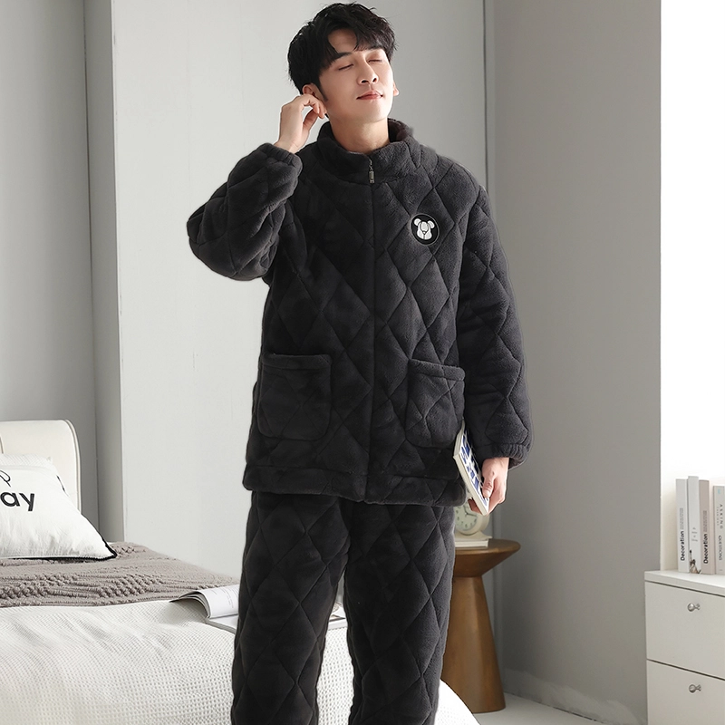 俏霓桐 保暖蓄温加厚玉狐绒三层夹棉长袖长裤可外穿睡衣套装 男款 深灰色