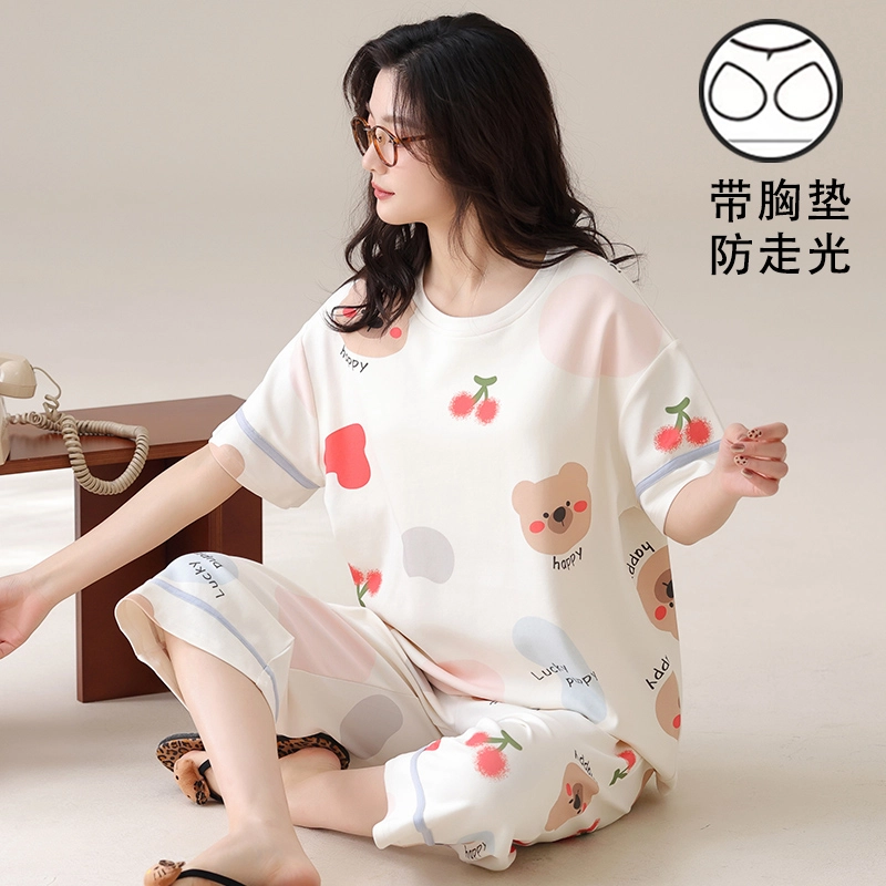 俏霓桐 甜美可爱卡通休闲舒适带胸垫七分裤家居服可外穿睡衣套装 女款 图色
