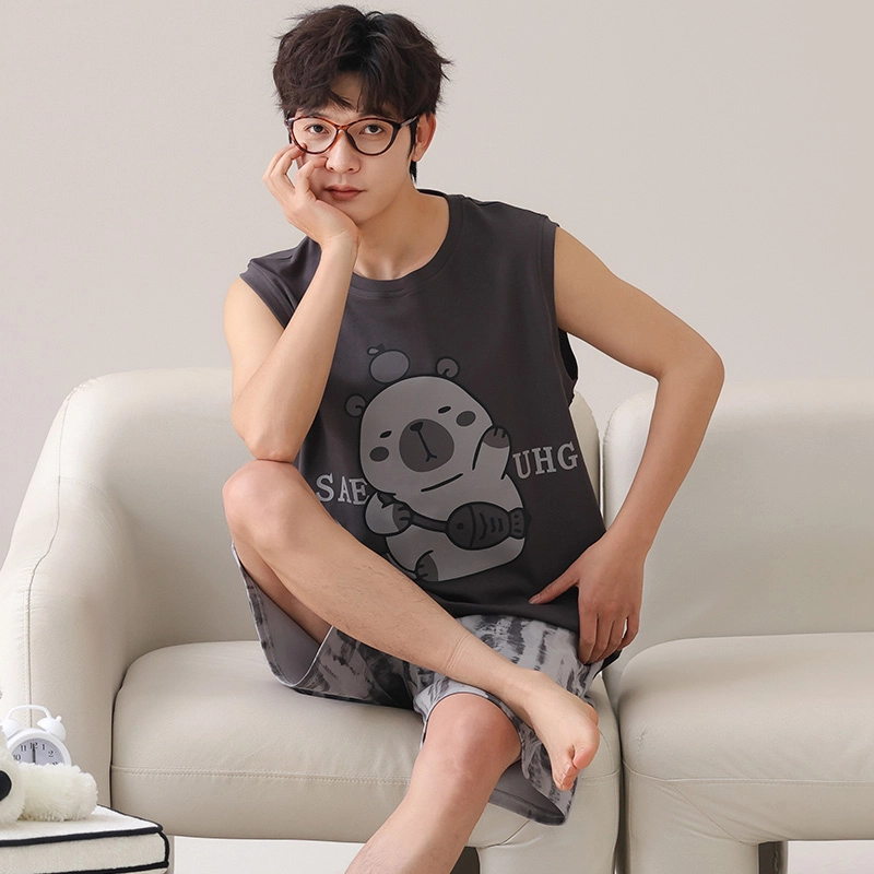 俏霓桐 简约可爱卡通时尚休闲舒适无袖家居服可外穿夏季睡衣套装 男款 图色