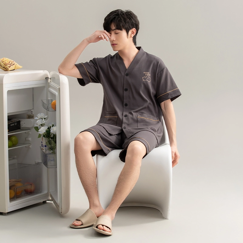 俏霓桐 纯色短袖开衫家居服简约舒适休闲宽松可外穿五分短裤睡衣套装 男款 深灰