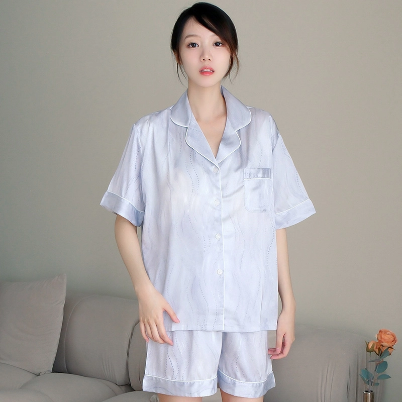 俏霓桐 凉感亲肤舒适翻领短袖卡通休闲短裤长裤睡衣套装 女款 法斗黑
