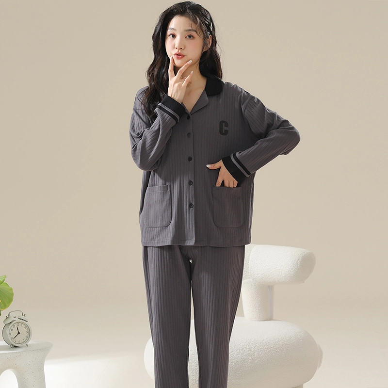 俏霓桐 简约字母亲肤舒适长袖开衫休闲长裤可外穿睡衣套装 女款 深灰色