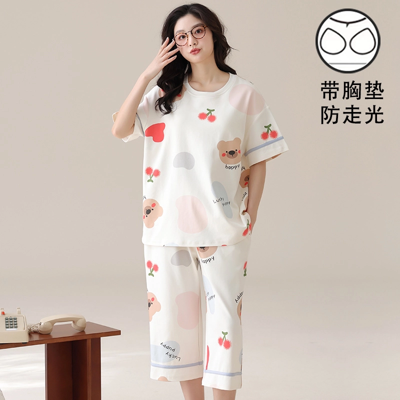 俏霓桐 甜美可爱卡通休闲舒适带胸垫七分裤家居服可外穿睡衣套装 女款 图色