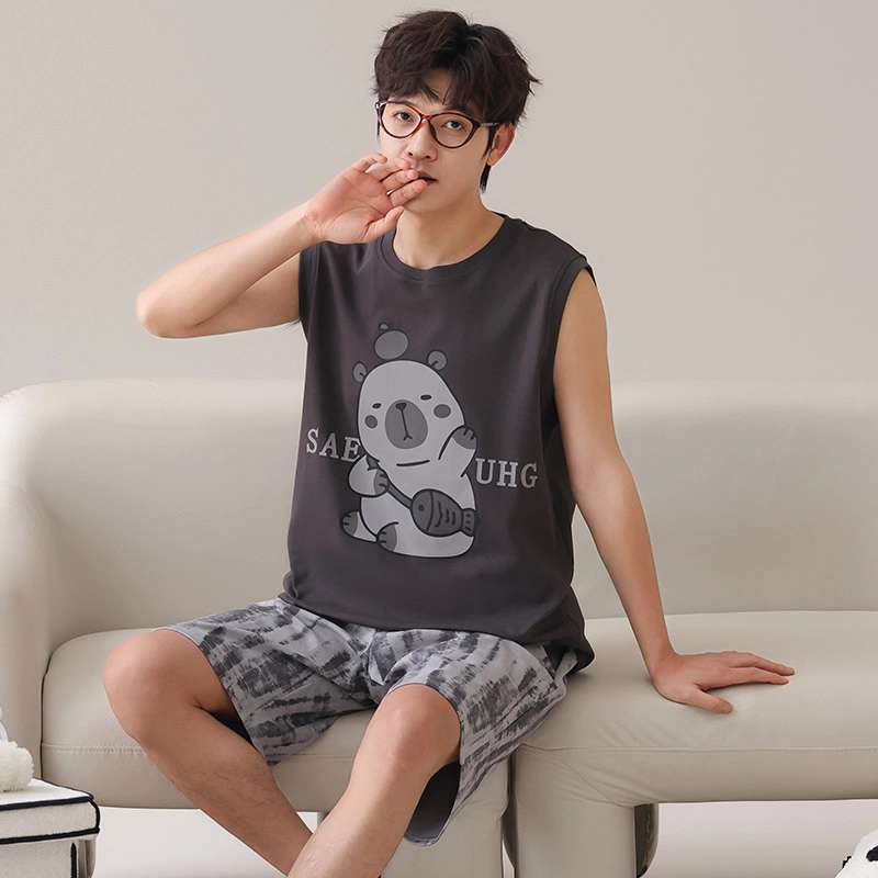 俏霓桐 简约可爱卡通时尚休闲舒适无袖家居服可外穿夏季睡衣套装 男款 图色
