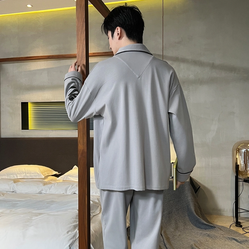 俏霓桐 简约时尚亲肤云感舒适棉长袖休闲可外穿长裤睡衣套装 男款 灰色