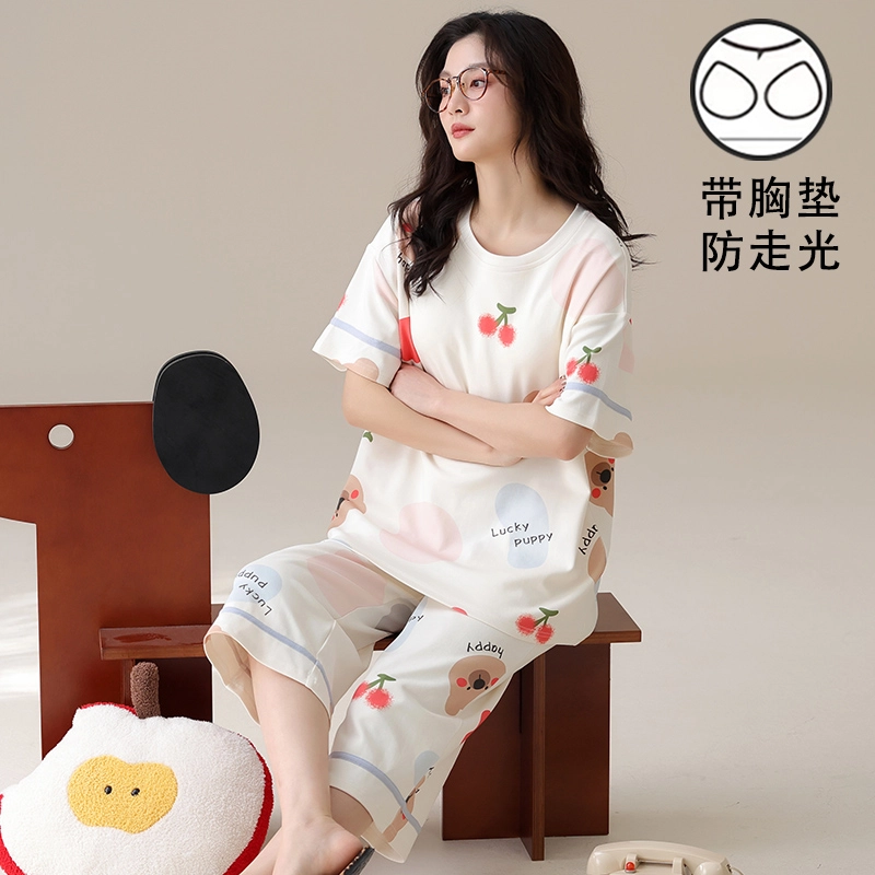 俏霓桐 甜美可爱卡通休闲舒适带胸垫七分裤家居服可外穿睡衣套装 女款 图色