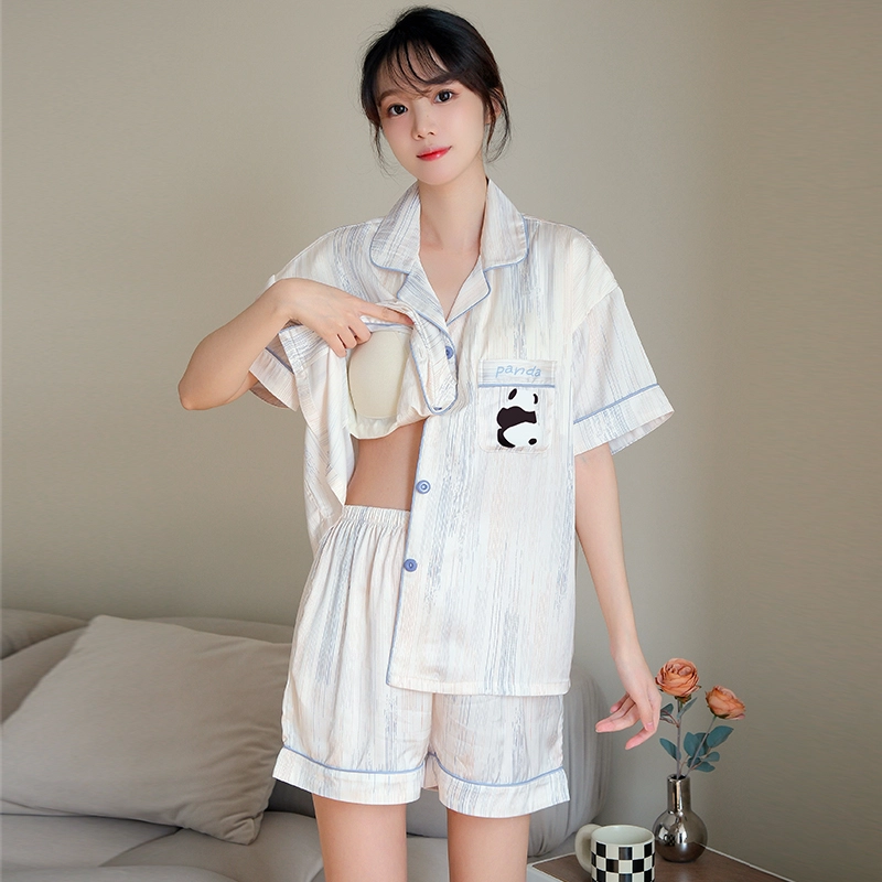 俏霓桐 凉感亲肤舒适翻领短袖卡通休闲短裤长裤睡衣套装 女款 法斗黑