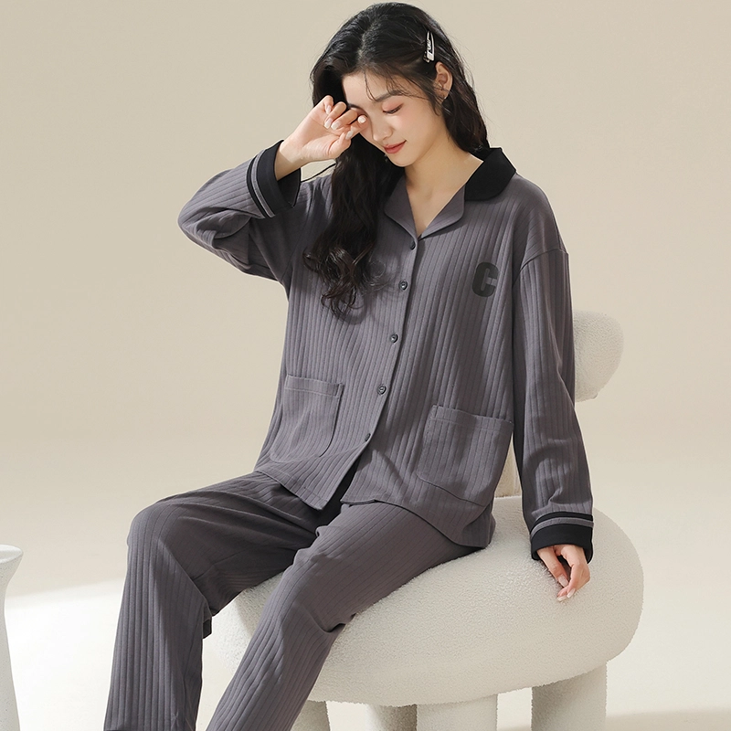 俏霓桐 简约字母亲肤舒适长袖开衫休闲长裤可外穿睡衣套装 女款 深灰色