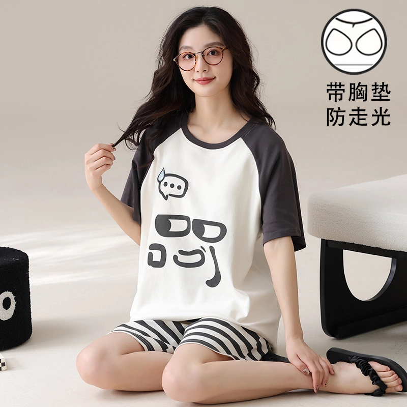 俏霓桐 简约可爱休闲甜美舒适家居服带胸垫可外穿睡衣套装 女款 图色