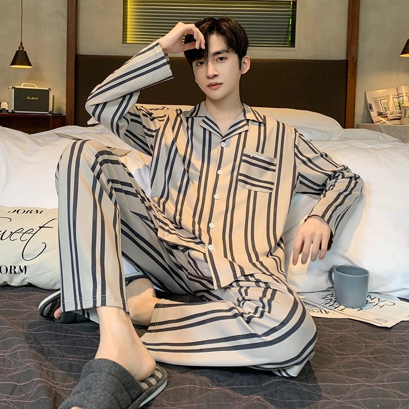 俏霓桐 时尚条纹亲肤舒适柔软长袖长裤开衫休闲可外穿睡衣套装 男款 灰色