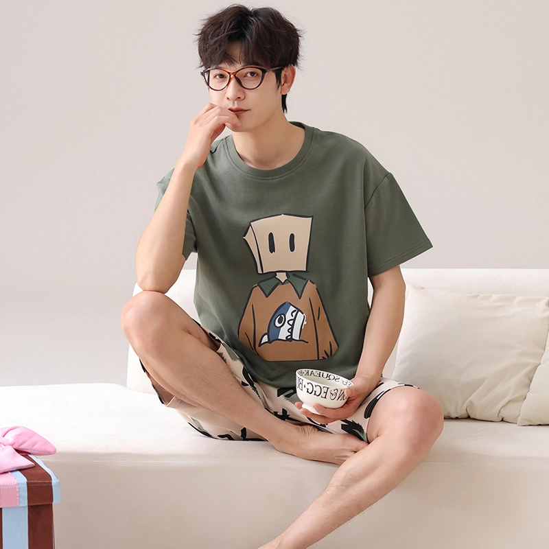 俏霓桐 时尚可爱卡通简约休闲舒适亲肤家居服可外穿夏季睡衣套装 男款 图色