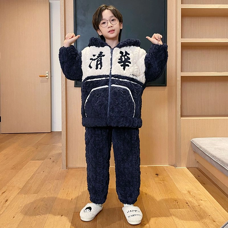 俏霓桐 保暖蓄温三层夹棉连帽长袖长裤青少年睡衣套装 男款 图片色