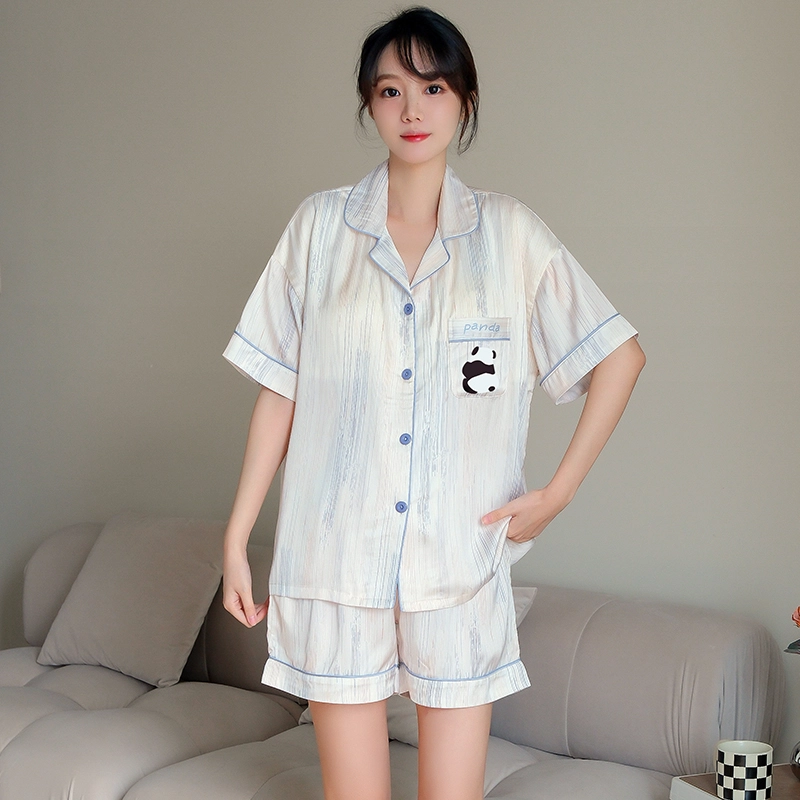 俏霓桐 凉感亲肤舒适翻领短袖卡通休闲短裤长裤睡衣套装 女款 法斗黑
