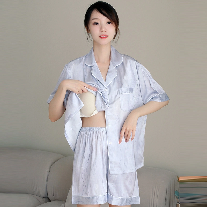 俏霓桐 凉感亲肤舒适翻领短袖卡通休闲短裤长裤睡衣套装 女款 法斗黑