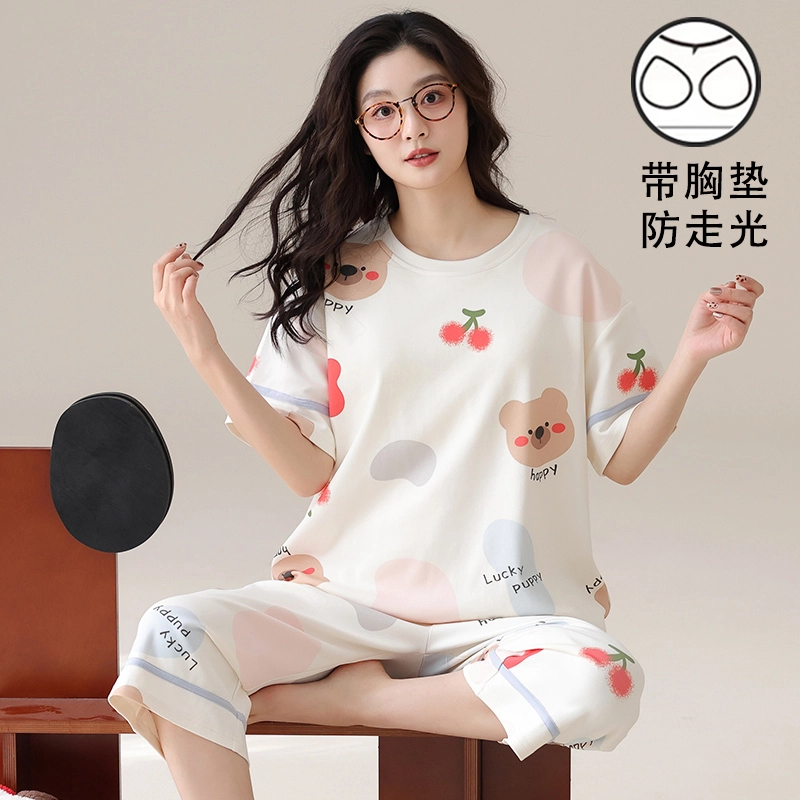 俏霓桐 甜美可爱卡通休闲舒适带胸垫七分裤家居服可外穿睡衣套装 女款 图色