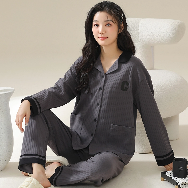 俏霓桐 简约字母亲肤舒适长袖开衫休闲长裤可外穿睡衣套装 女款 深灰色