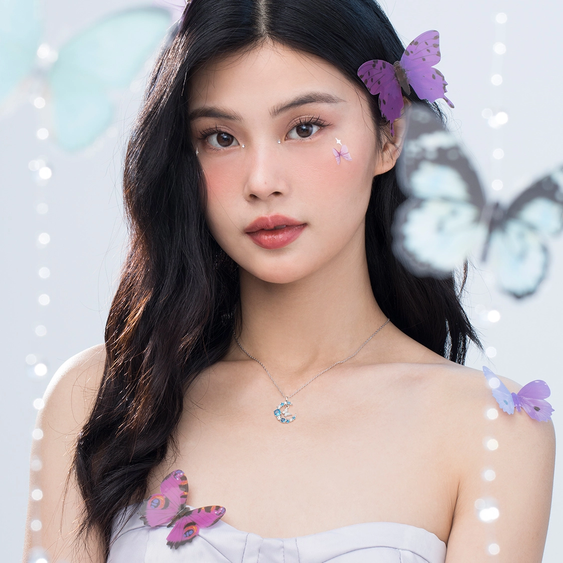 珂里 甜美小清新伴月蝴蝶百搭灵动蝴蝶月亮吊坠小众轻奢高级感锁骨链 合成立方氧化锆 项链 女款