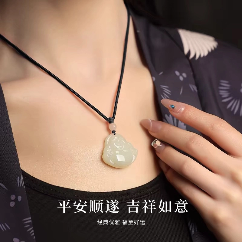 万娜 弥勒佛吊坠 国潮复古新中式民族风玉佛小佛公编织绳可调节 好运#好运 和田玉项链 青玉 男女同款情侣款