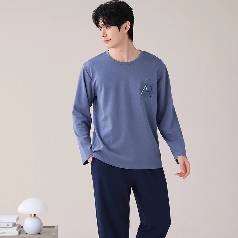 都市丽人 纯色简约长袖纯棉时尚家居服休闲可外穿大码睡衣套装 男款 图片色