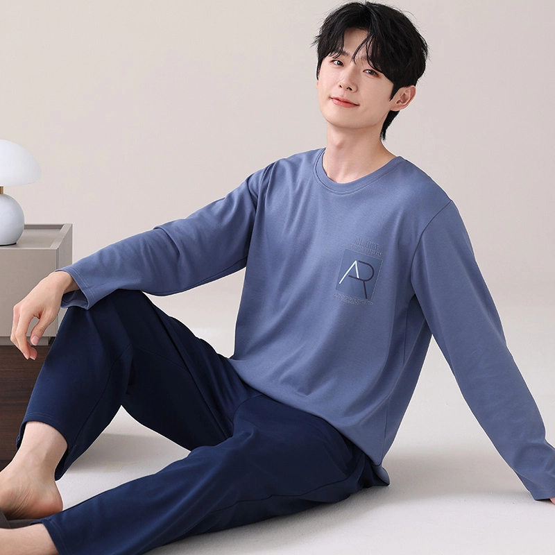 都市丽人 纯色简约长袖纯棉时尚家居服休闲可外穿大码睡衣套装 男款 图片色