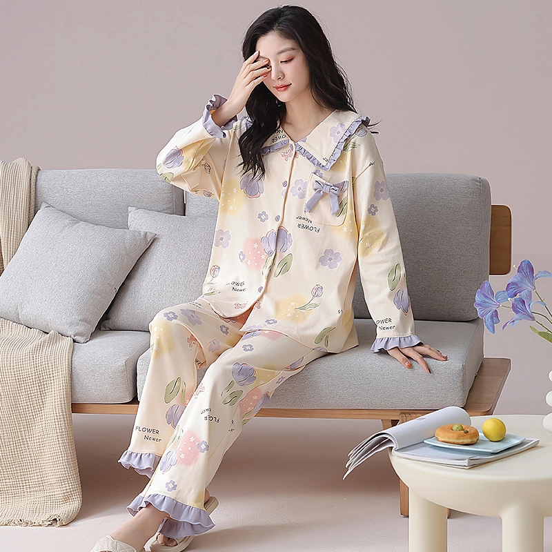 都市丽人 甜美风设计长袖印花套头时尚长裤休闲可外穿蝴蝶结睡衣套装 女款 图片色
