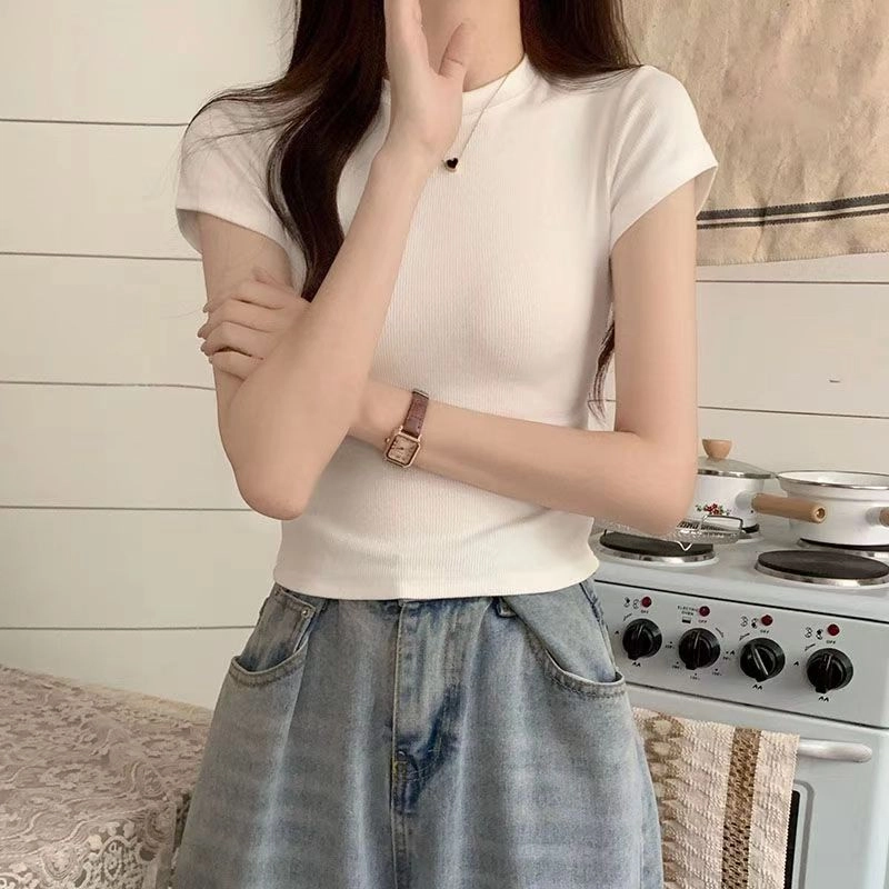 都市丽人 螺纹圆领修身舒适直筒纯色简约薄款短袖打底衣 女款