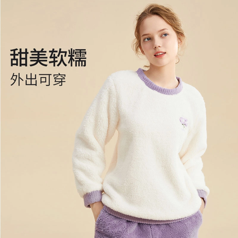 都市丽人 长毛绒保暖可爱卡通动物宽松女士圆领套头家居服睡衣套装 女款