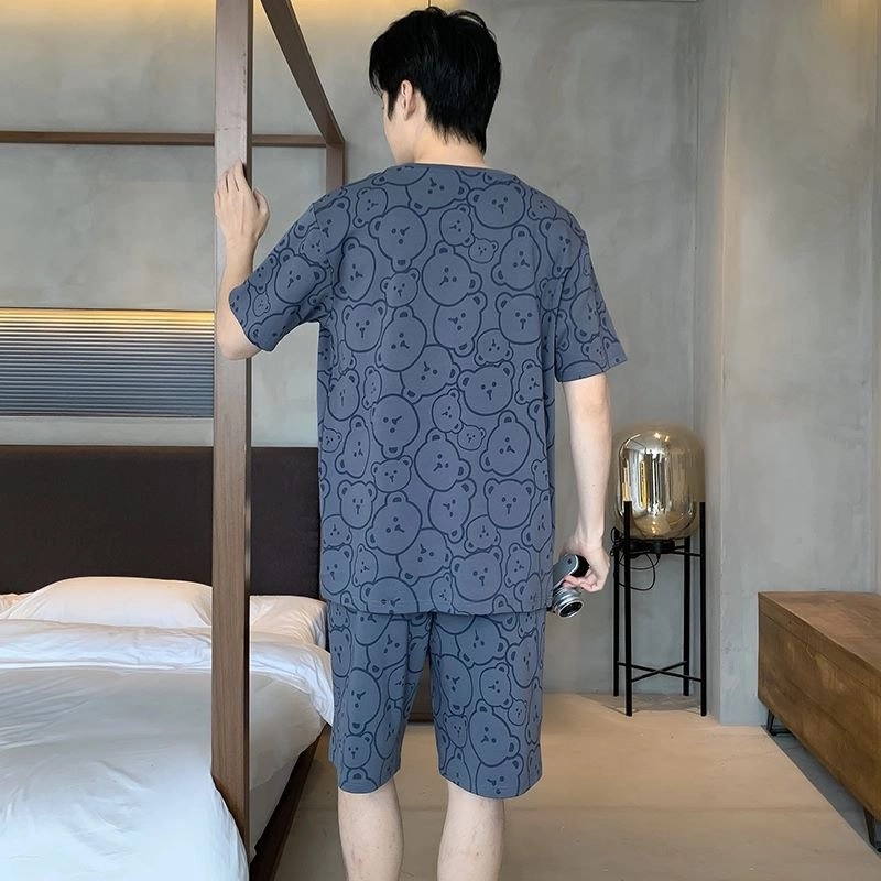 都市丽人 亲肤透气柔软舒适圆领简约休闲短袖上衣可外穿五分裤睡衣套装 男款 条纹