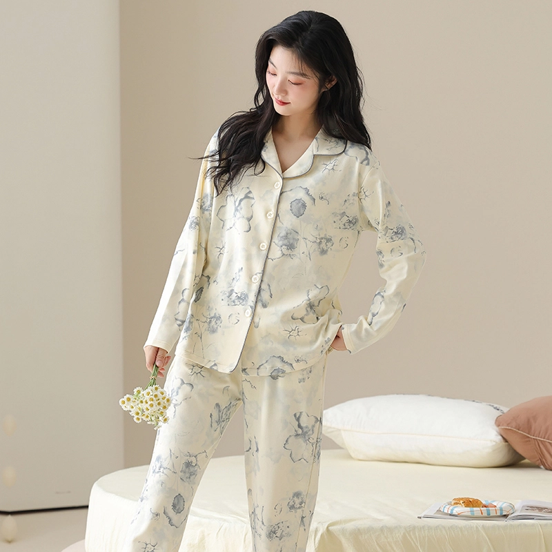 都市丽人 复古设计长袖开衫时尚休闲长裤可外穿睡衣套装 女款 图片色