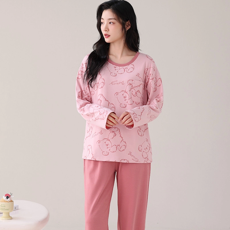 都市丽人 卡通印花简约设计长袖套头时尚家居服休闲可外穿睡衣套装 女款 图片色