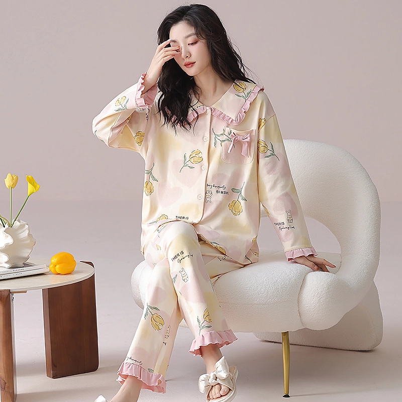 都市丽人 甜美风设计长袖印花套头时尚休闲可外穿拼接花边睡衣套装 女款 图片色