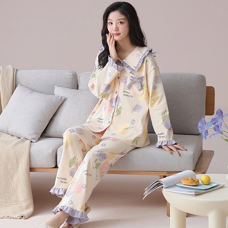 都市丽人 甜美风设计长袖印花套头时尚长裤休闲可外穿蝴蝶结睡衣套装 女款 图片色