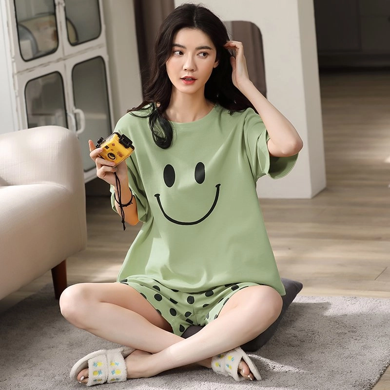 都市丽人 亲肤透气舒适笑脸圆领短袖三分裤睡衣套装 女款 牛油果绿