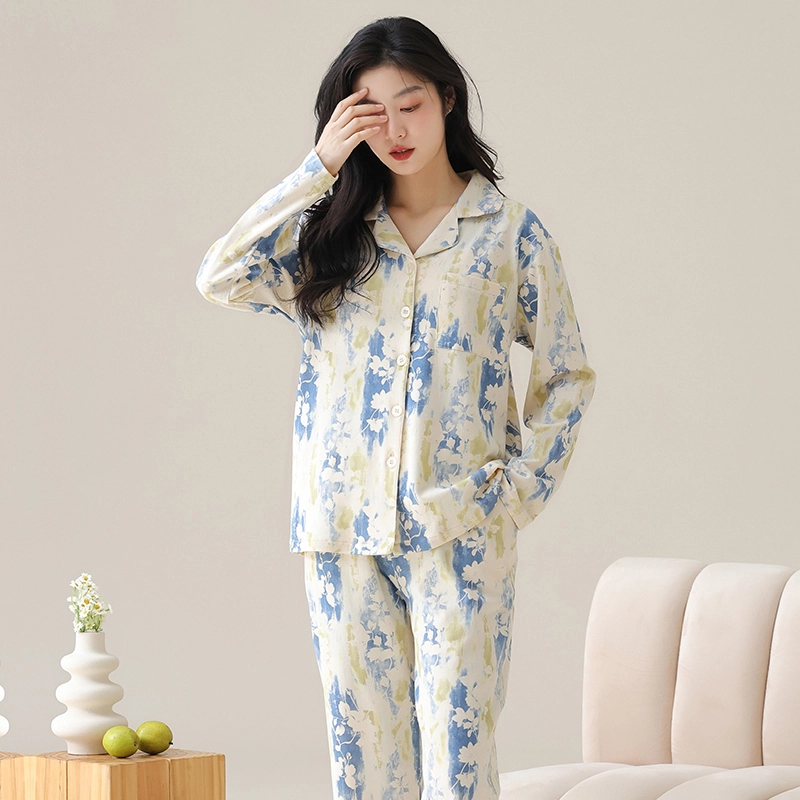都市丽人 花色复古设计长袖开衫时尚休闲长裤可外穿睡衣套装 女款 图片色