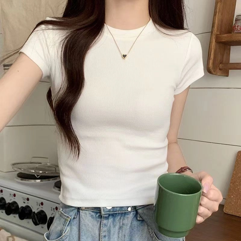 都市丽人 螺纹圆领修身舒适直筒纯色简约薄款短袖打底衣 女款
