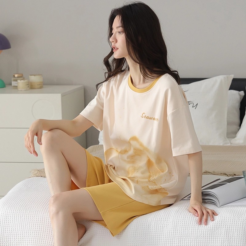 都市丽人 夏季免穿带胸垫卡通动漫撞色常规袖短袖圆领睡衣套装 女款