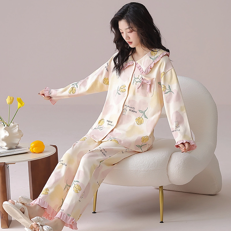都市丽人 甜美风设计长袖印花套头时尚休闲可外穿拼接花边睡衣套装 女款 图片色