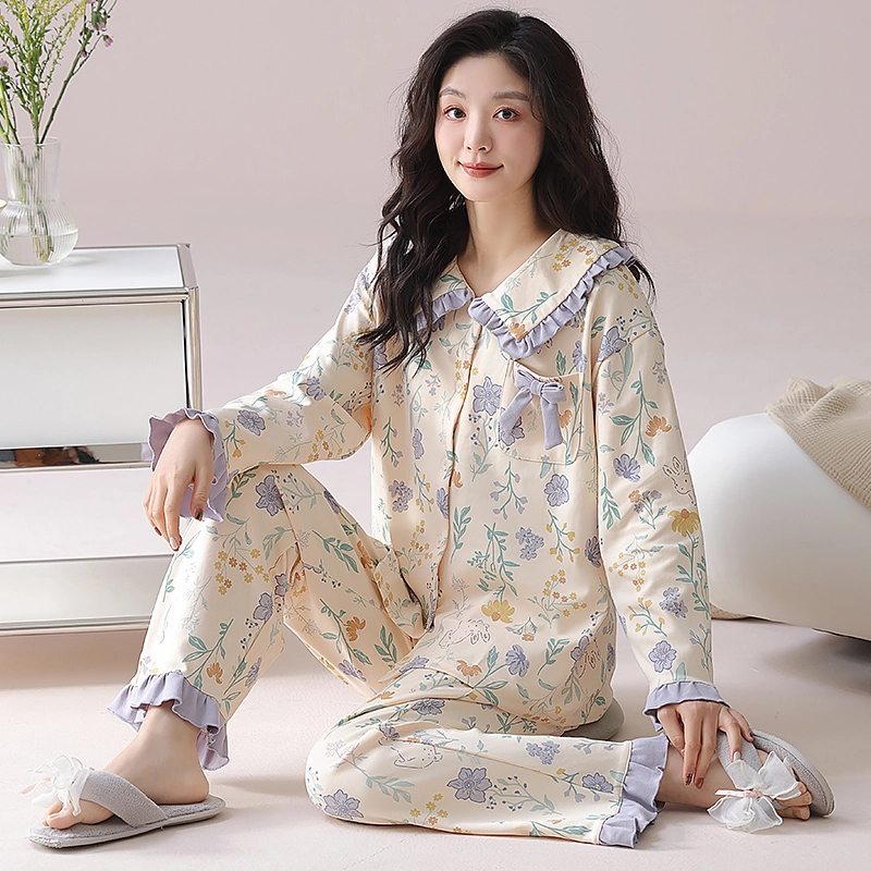 都市丽人 甜美设计长袖印花套头时尚家居服休闲可外穿睡衣套装 女款 图片色
