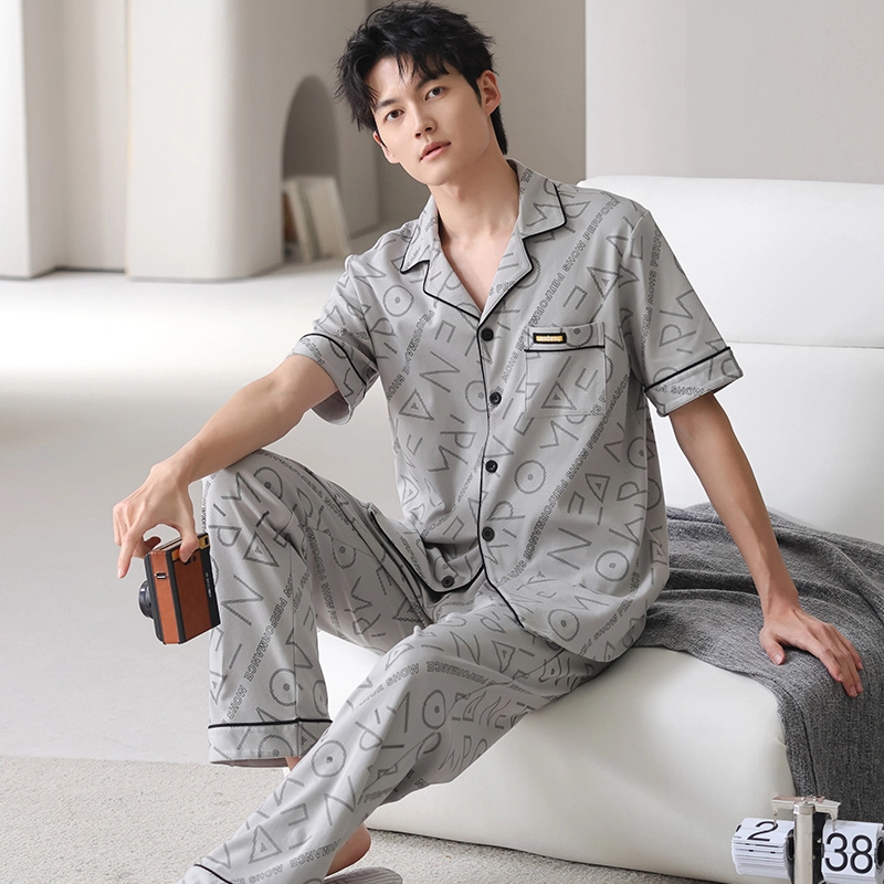都市丽人 薄款休闲抗菌短袖长裤可外穿家居服睡衣套装 男款 图片色
