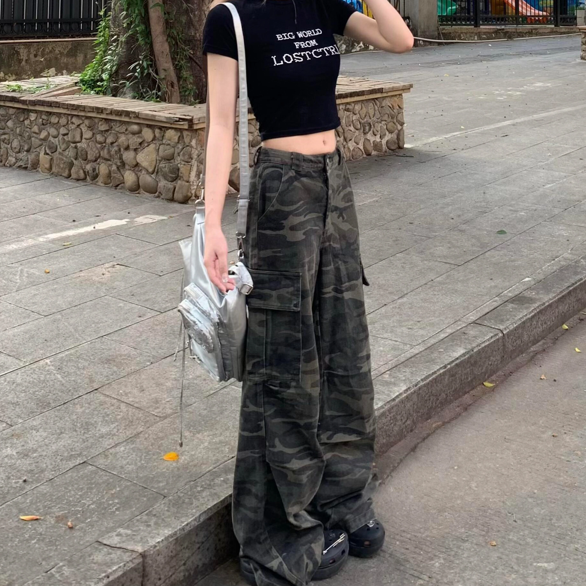 虫小绿 美式复古高街多口袋阔腿工装裤 潮流百搭显高显瘦牛仔裤 男女同款