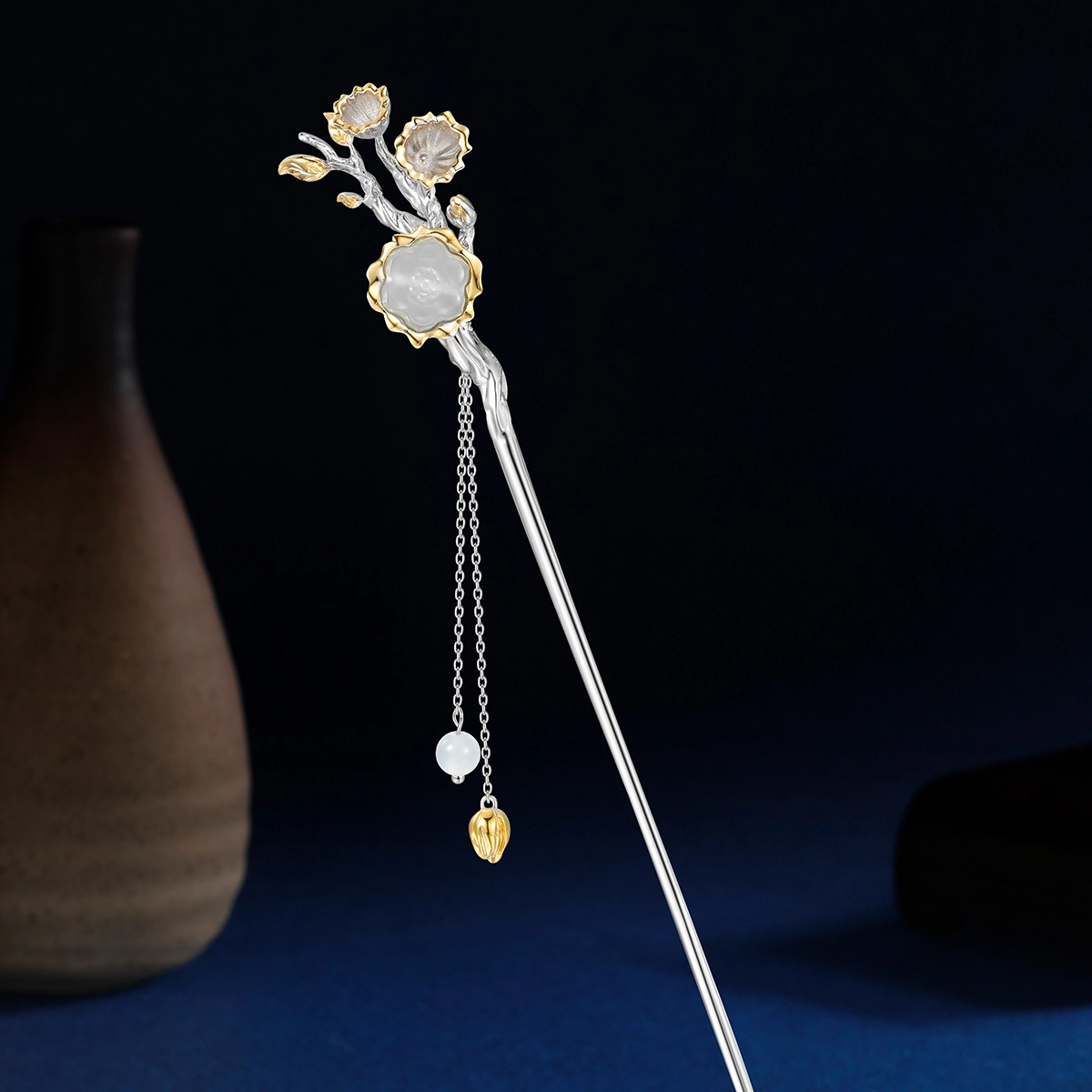 秦福炫 十二花神玉髓古风高级感小众新中式流苏 古风气质  银色 发簪 女款