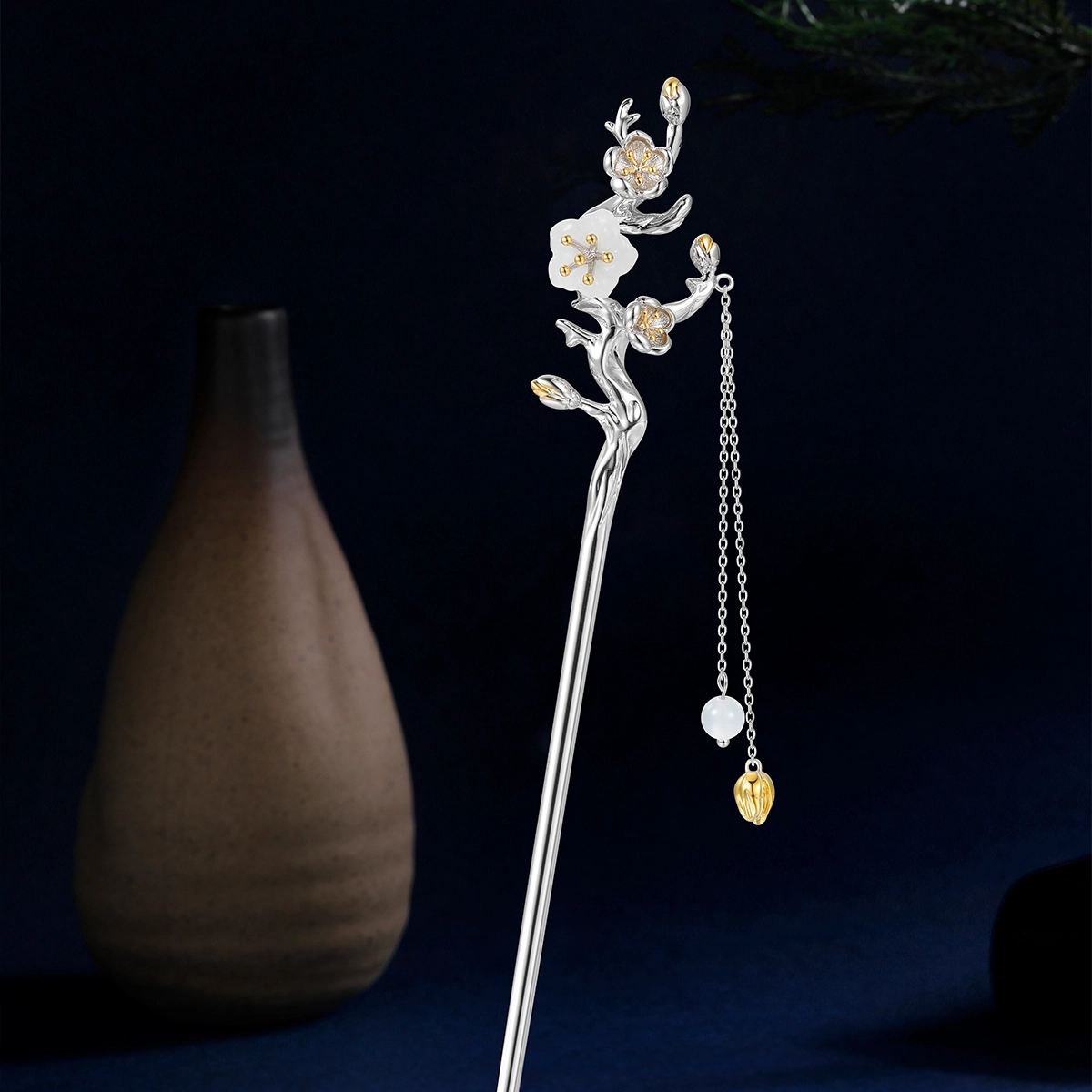 秦福炫 十二花神玉髓古风高级感小众新中式流苏 古风气质  银色 发簪 女款